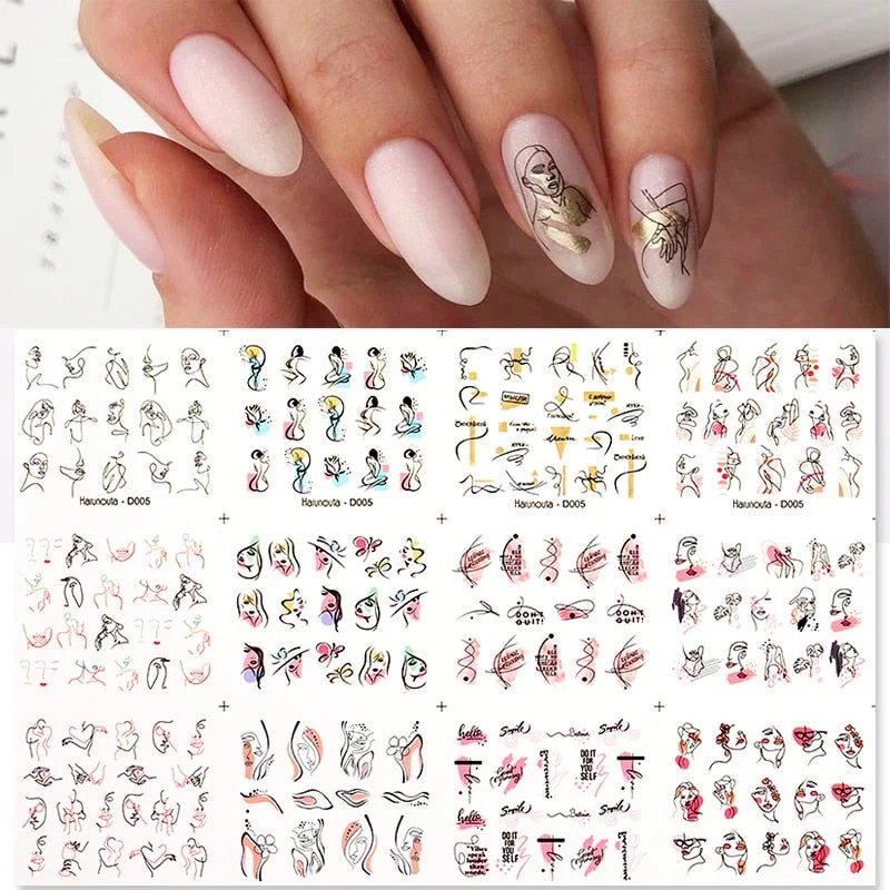 Harunouta 12Pcs/Set Love Letter Flower Sliders Water Decals Electrocardiogram Love Heart Lips Stickers For Nails Decoration