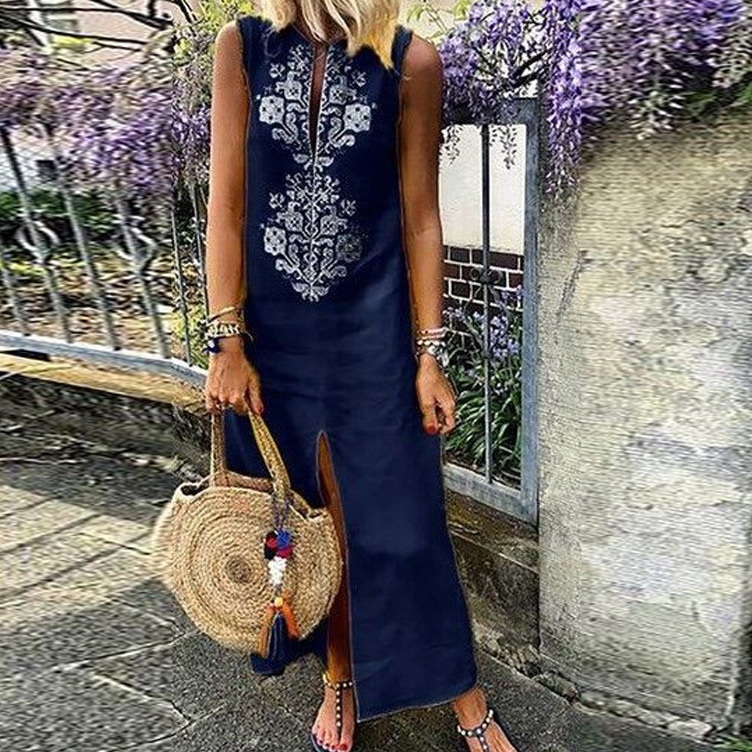 Older Women Summer V-neck Loose Front Slit Sleeveless Cotton And Linen Dress