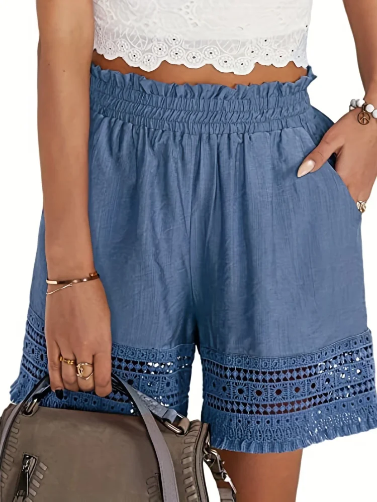 Casual Contrast Lace Trim Elastic Waist Slant Pocket Loose Shorts