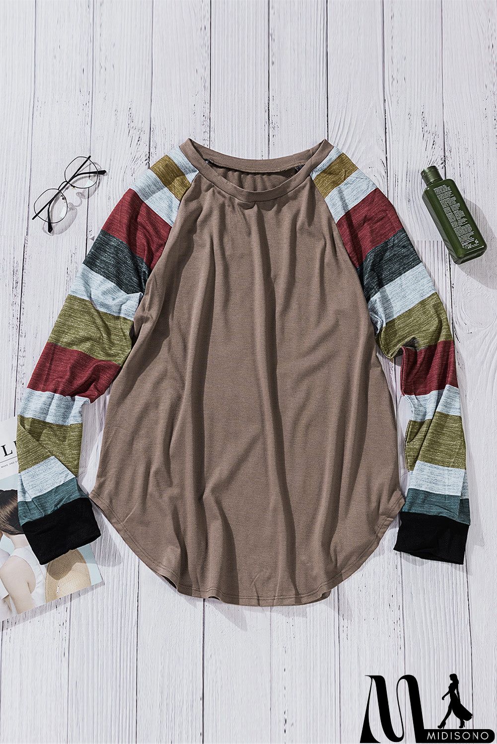 MidiSono - Brown Color Block Long Sleeves Pullover Top
