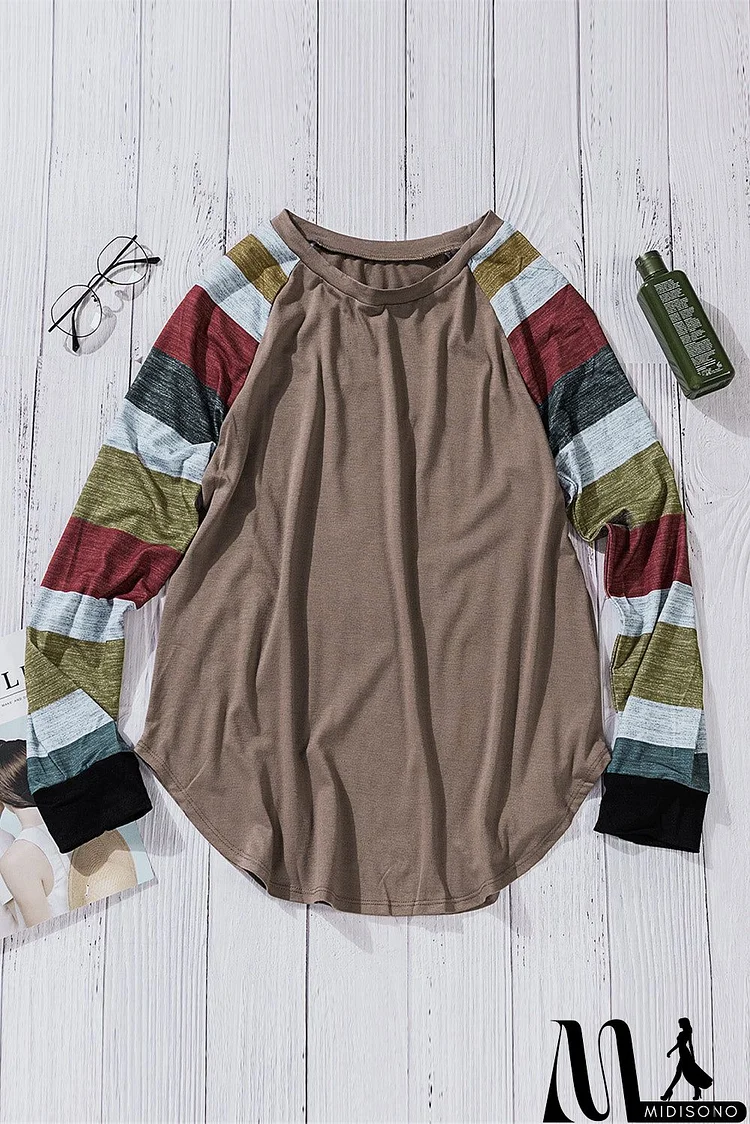 Brown Color Block Long Sleeves Pullover Top