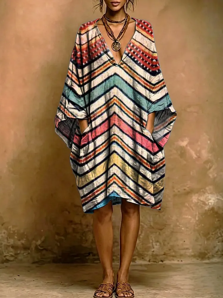 Women's Vintage Nationality Print Short-sleeve Cotton-linen Dress
