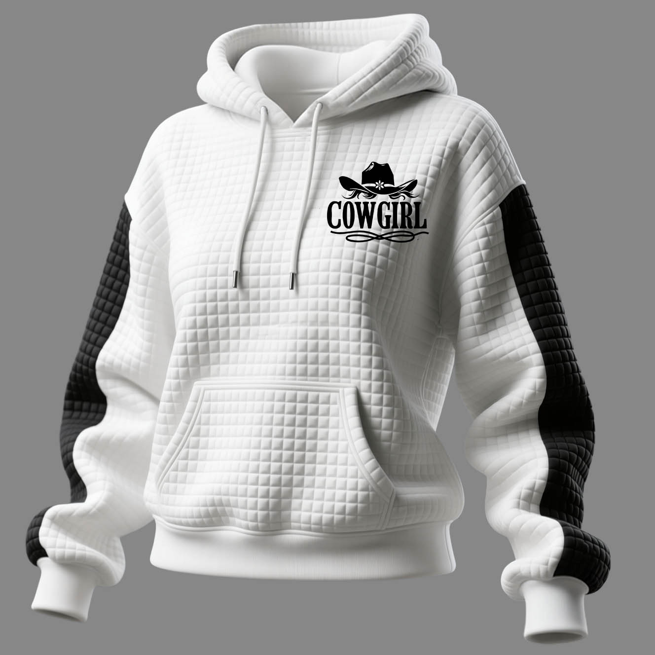 Women's Vintage Cowgirl White And Black Waffle Quilted Plaid Pocket Hoodie