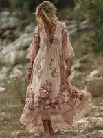 Vintage Pink Roses Fiber Art Lace Flowy Linen Maxi Dress