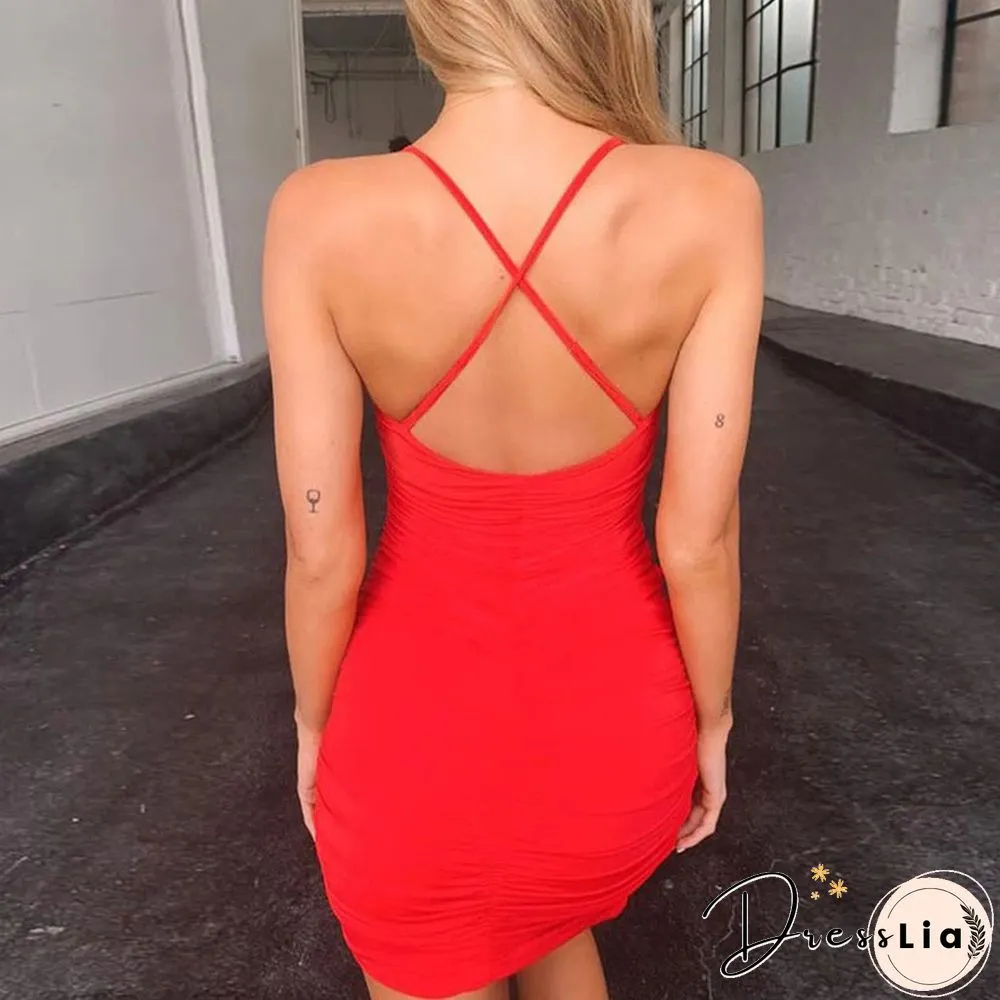 Deep neck club sexy bodycon dress women ruched backless cross red black party bandage mini