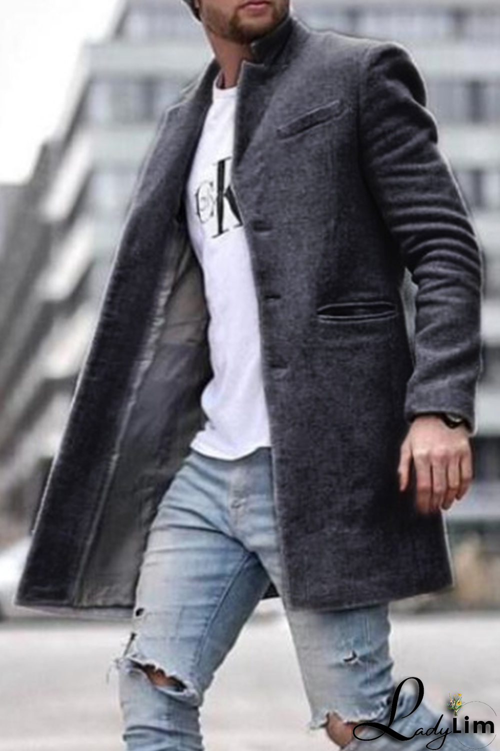 Dark Gray Fashion Solid Pocket Buckle Turndown Collar Outerwear