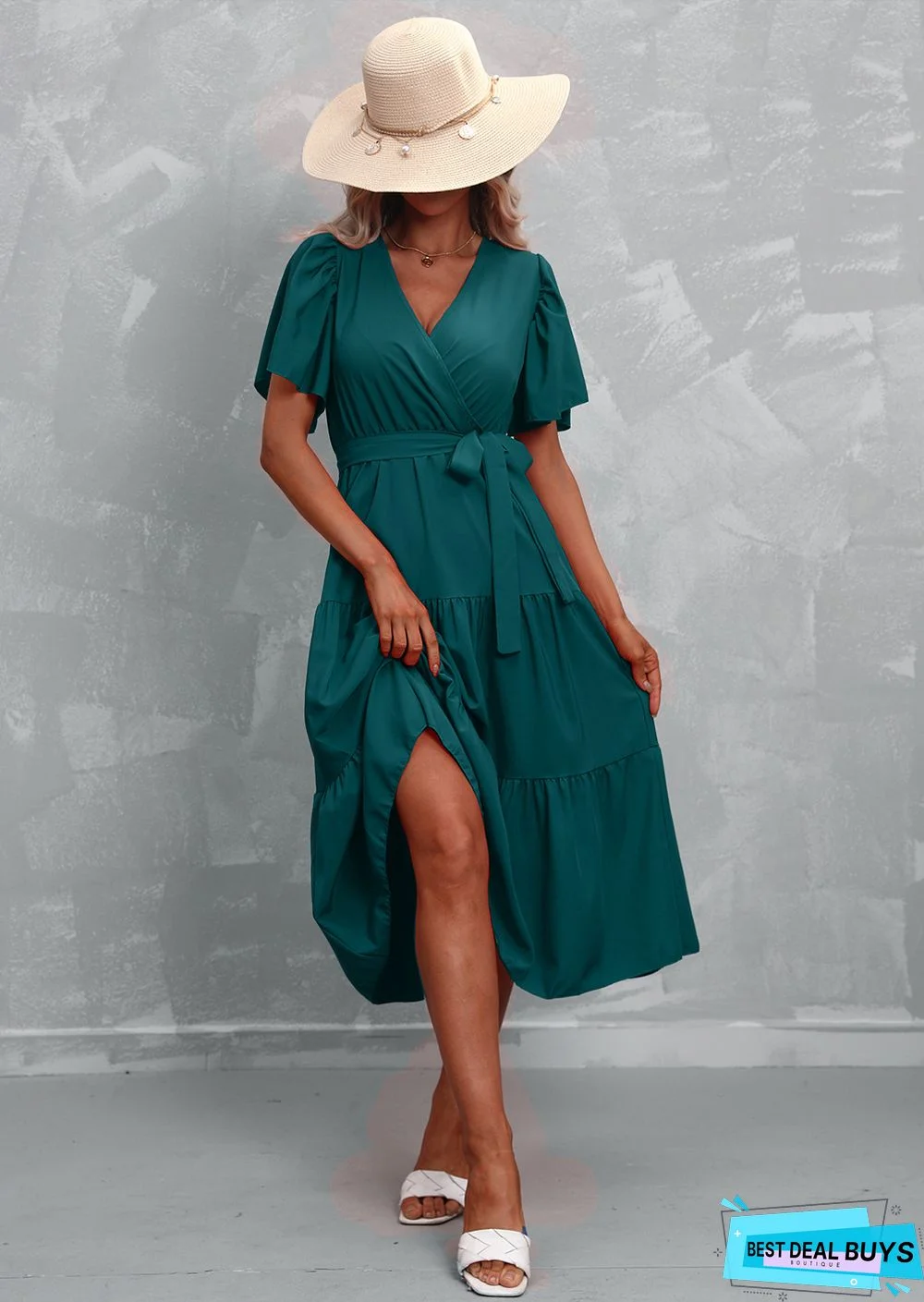 Women's Solid Color V-neck Short Sleeve Dress