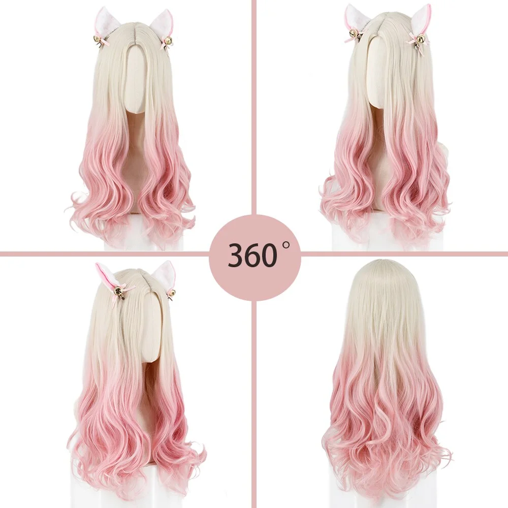 Xpoko Women's White Pink Gradient No Bangs Long Wave Synthetic High Temperature Resistant Daily Wear Cosplay Party Wig