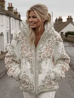 Women's Vintage Flower Embroidery Art Casual Zip Up Hoodie