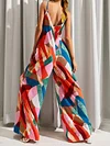Spaghetti-Neck Contrast Color Backless Loose Jumpsuit