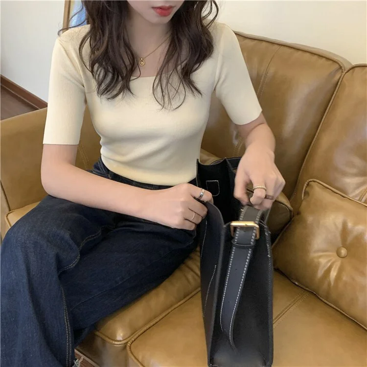 New Thin Summer Top Sexy T Shirt Women Elasticity T-Shirt Korean Style Woman Clothes Slim Tshirt Female Casual Short Sleeve Tops