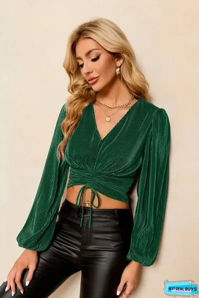 Drawstring V-Neck Balloon Sleeve Blouse