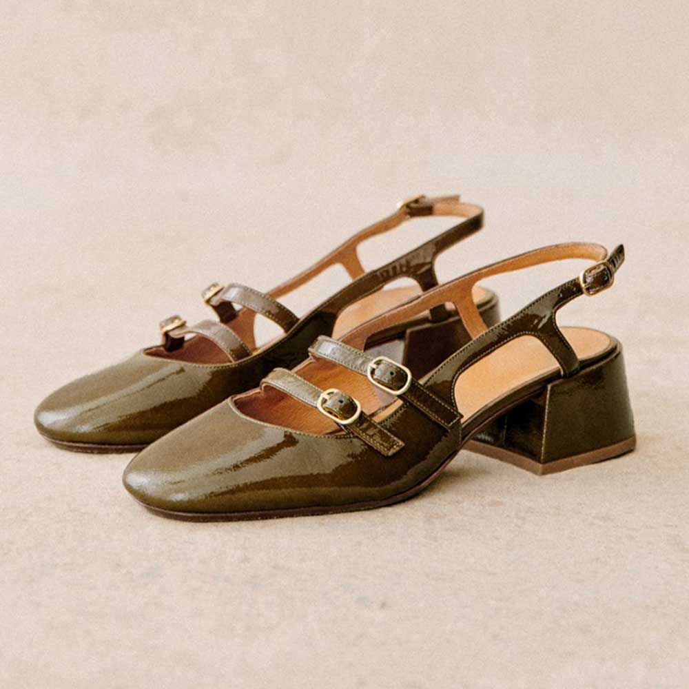 Olive Patent Leather Square Toe Block Heel Buckle Slingback Pumps Nicepairs
