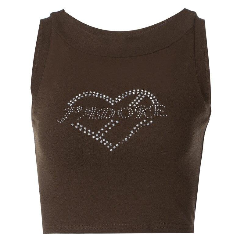 Bold Shade Letter Rhinestone Sleeveless Crop Tops Brown Indie Aesthetic Fashion 90s Slim Tank Top Women Party Y2K Streetwear