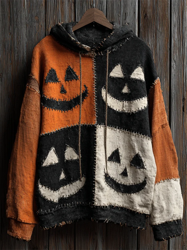 Halloween Pumpkin Faces Colorblock Stitched Hoodie