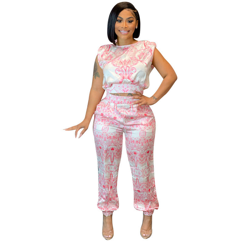 Plus Size Women Clothing Printed Casual cropped Suit Sleeveless two piece set