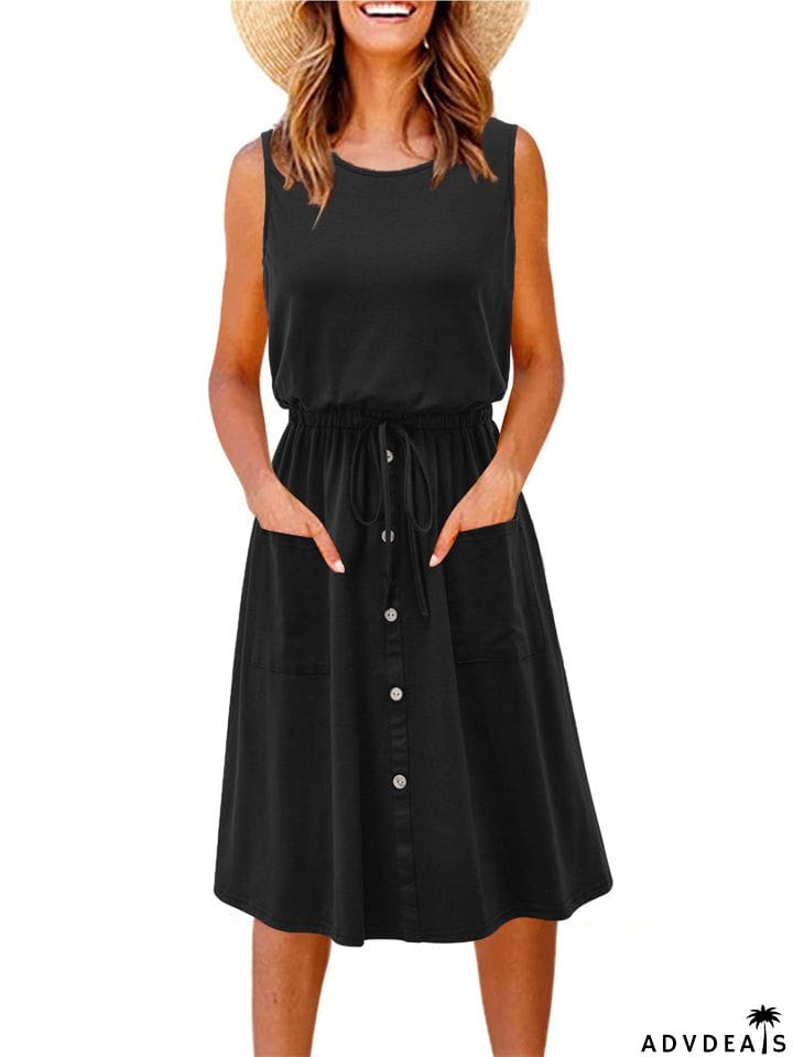 Women's Retro Crew Neck Lace Up Trendy Dress for Summer