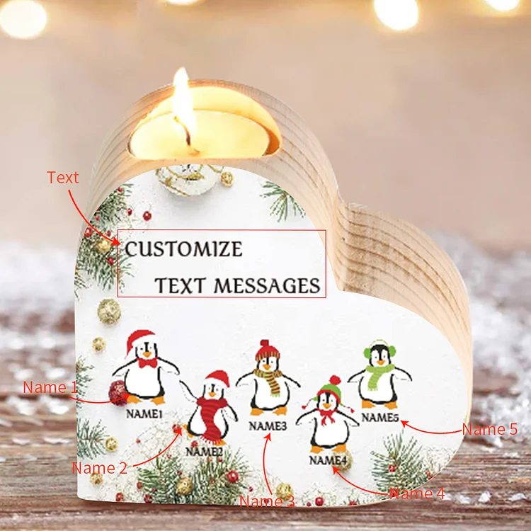 Personalisierte 5 Namen & Text Pingun Herzform Kerzenhalter- Familie Weihnachtsthema Kerzenhalter