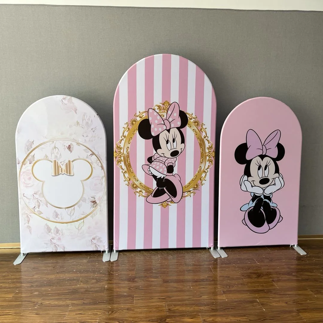Cartoon Cute Minnie Mouse Happy Birthday Three-Piece Double-sided Printing Set of Arch Backdrop Covers RedBirdParty
