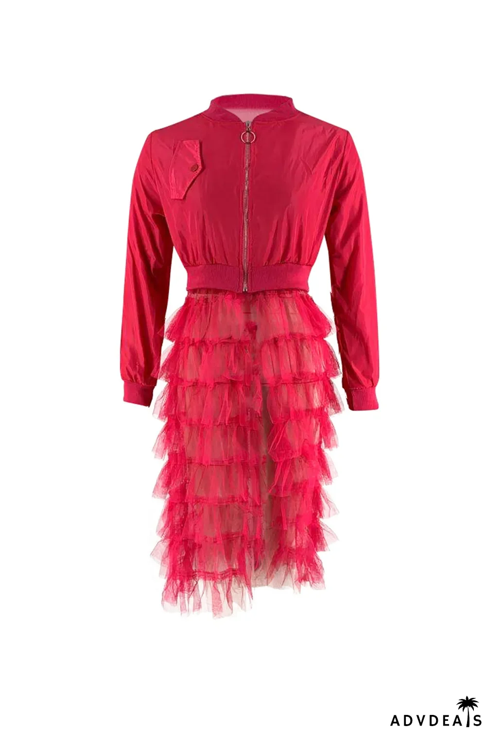 Red Casual Patchwork Mesh Zipper Collar Outerwear