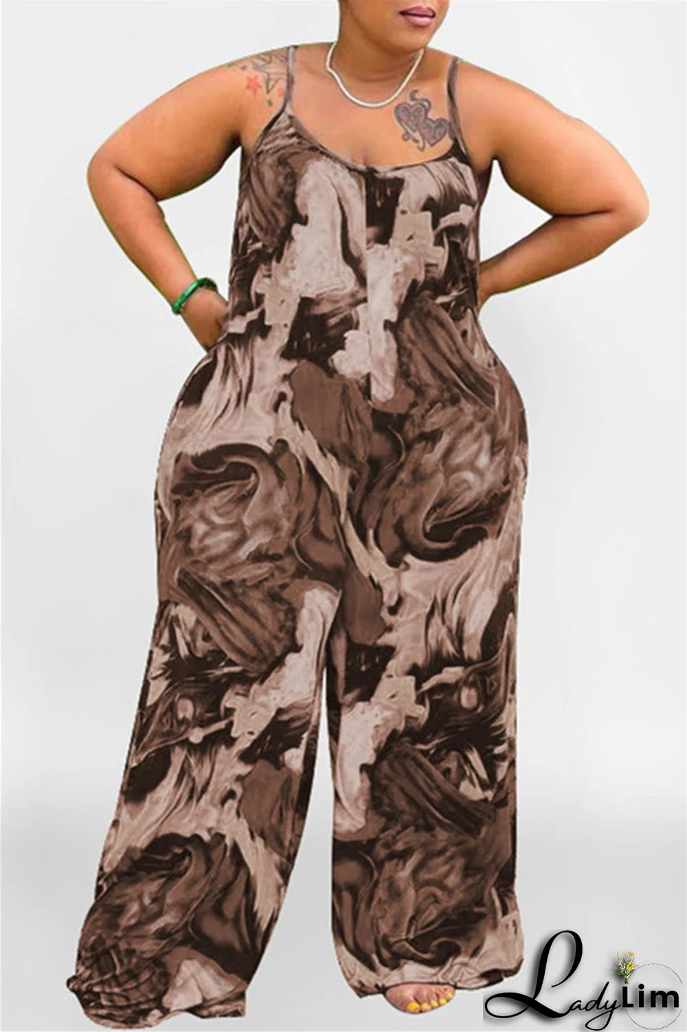 Coffee Sexy Casual Print Backless Spaghetti Strap Plus Size Jumpsuits