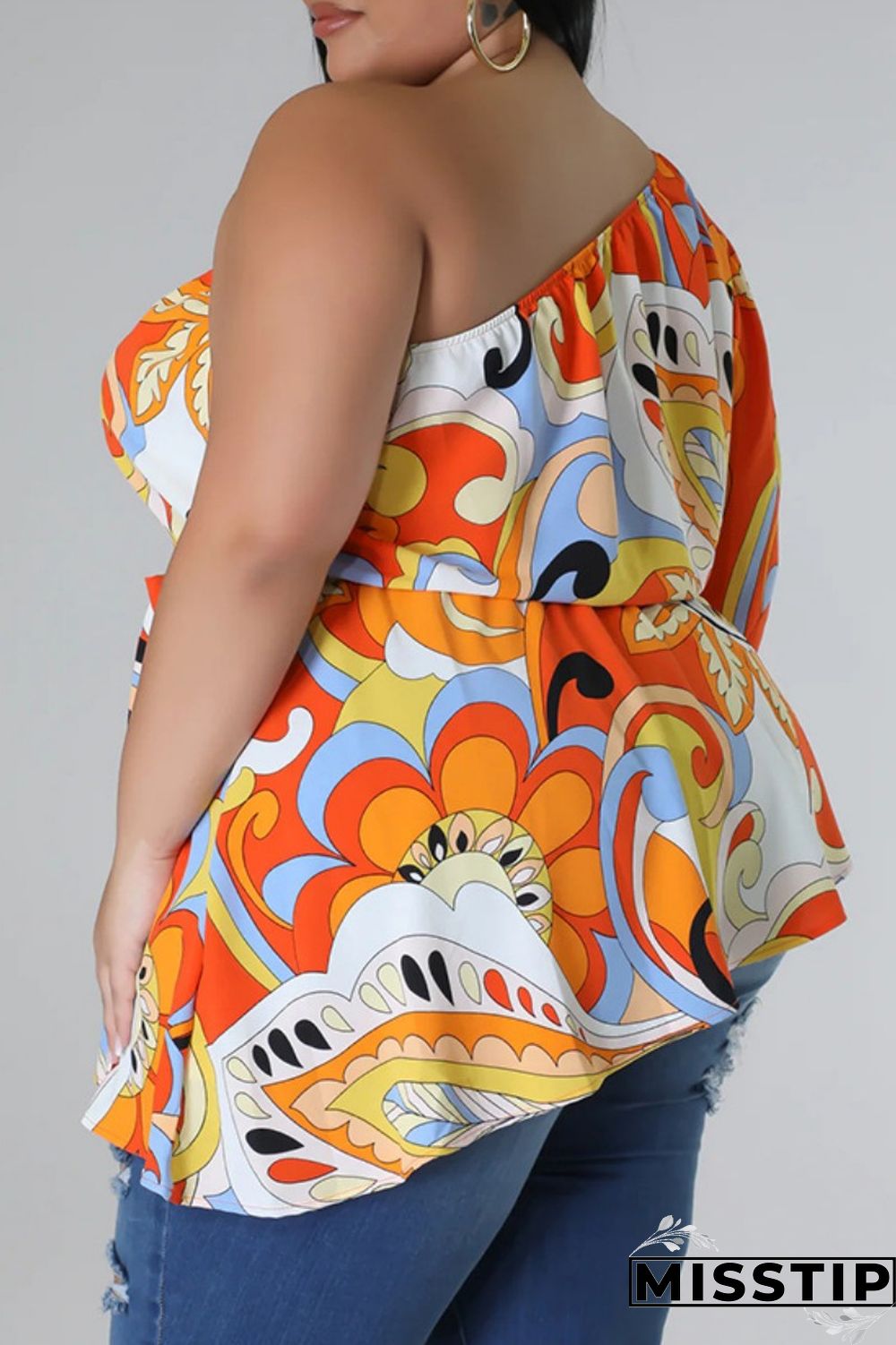 Black Yellow Casual Print Backless Oblique Collar Plus Size Tops
