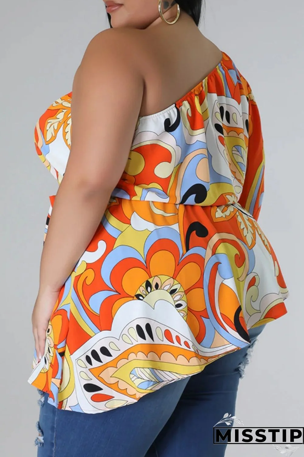 Black Yellow Casual Print Backless Oblique Collar Plus Size Tops