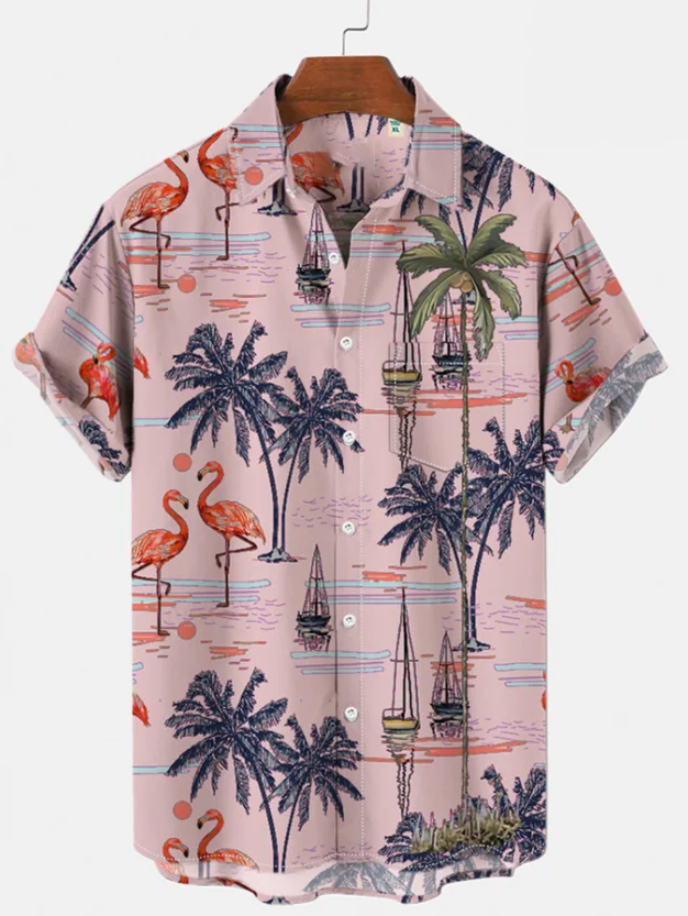 Men's Summer Vacation Resort Casual Coconut Flamingo Hawaiian Shirt with Pockets PLUSCLOTHESMAN