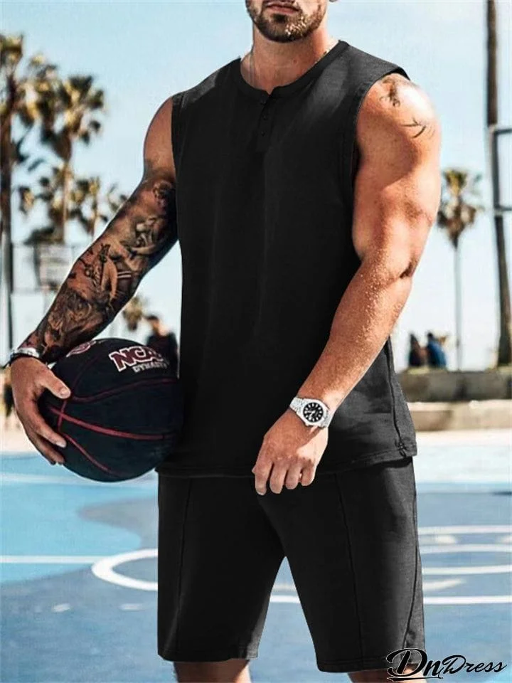 Trendy Henley Vest Shorts Men's Solid Sports Two-piece Suit