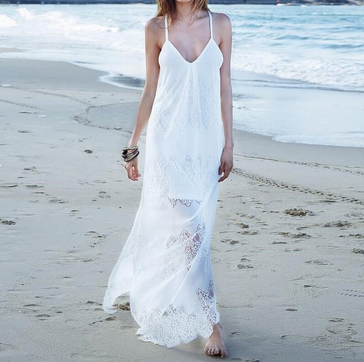 Vacation Spaghetti Strap Mesh Lace Side Split Maxi Beach Dresses Cover Ups