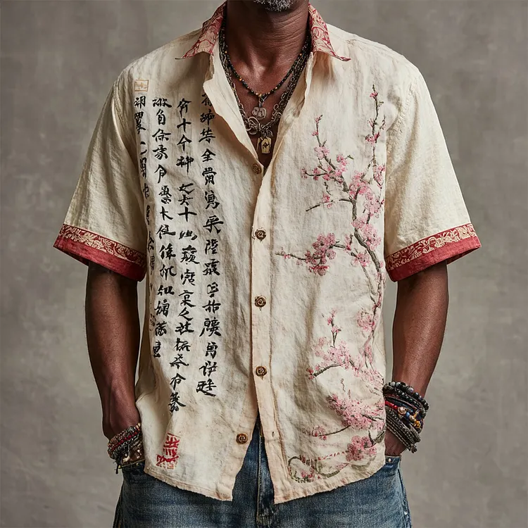 Men's Vintage Calligraphy And Cherry Blossom Art Pattern Casual Shirt