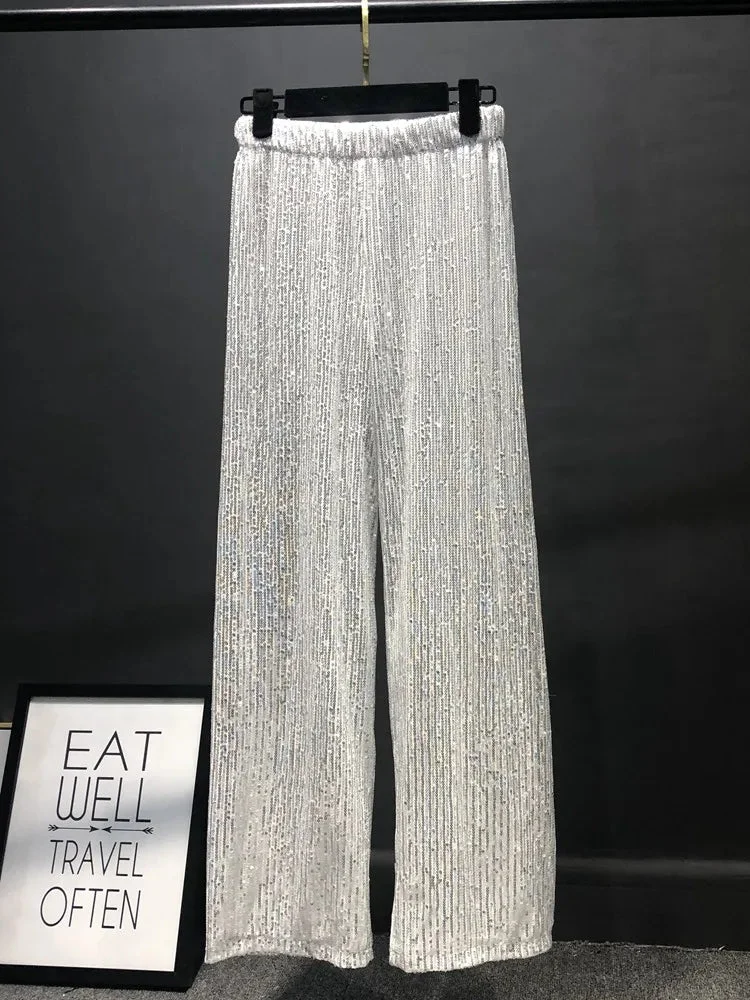 Huiketi Women Silver Full Sequined Wide Leg Pants Elastic Waist Bling Luxury Chic Capris Casual Gold Long Pants Female Club 2024