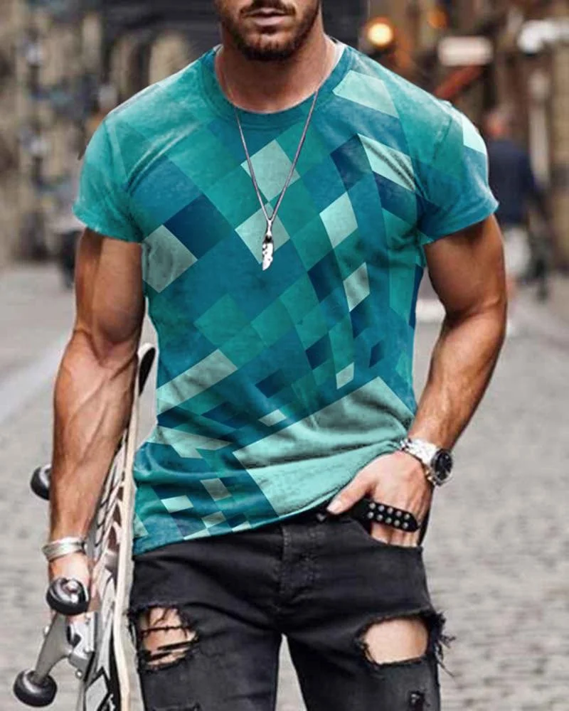 Street Style Light Blue Square Short-sleeved T-shirt