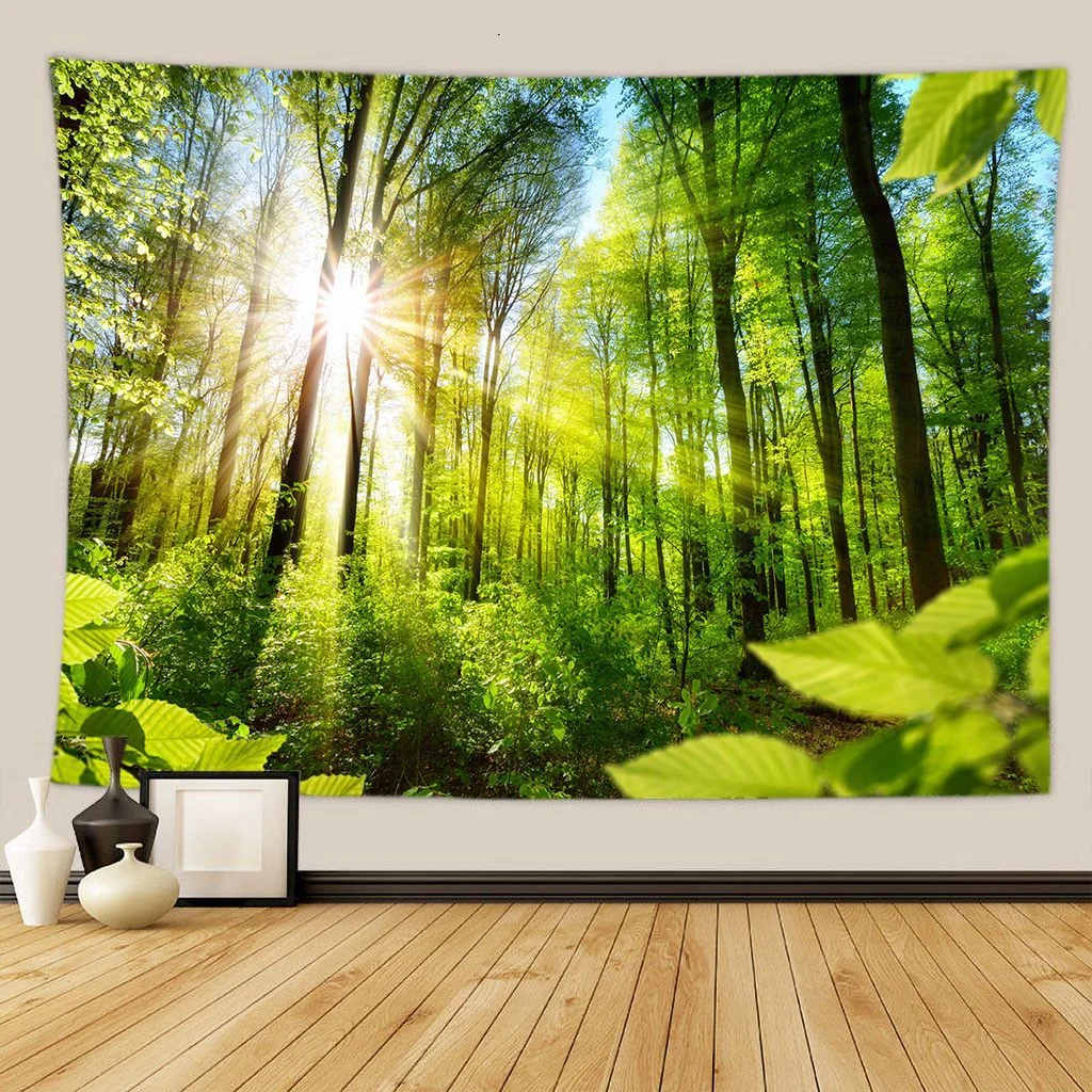 Green Forest Tree Wall Hanging Tapestries Mandala Natural Stream Flower Bedroom Wall Decor Camping Blanket Dropshipping