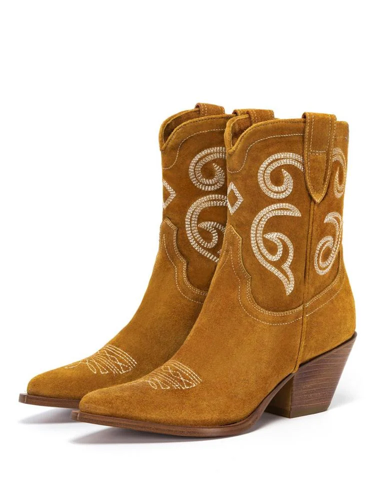 Tawny Embroidered Pointy Block Heeled Western Cowgirl Ankle Boots