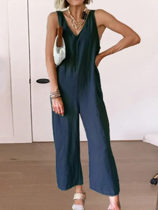 Women's Jumpsuits Loose Solid V-Neck Sleeveless Jumpsuit