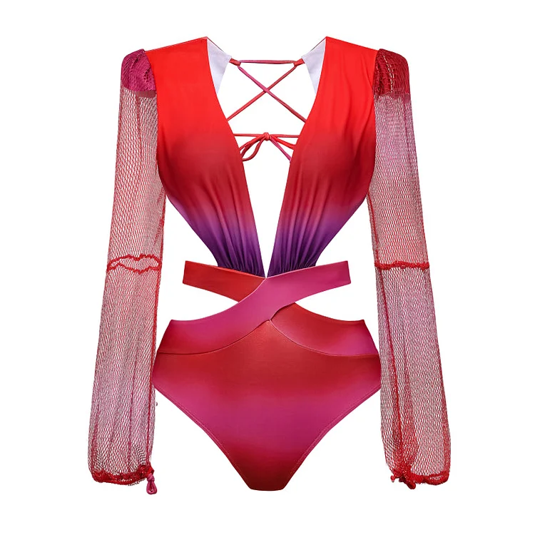 Vioye Deep V Netted Lantern Long Sleeve Ombre One Piece Swimsuit and Pants