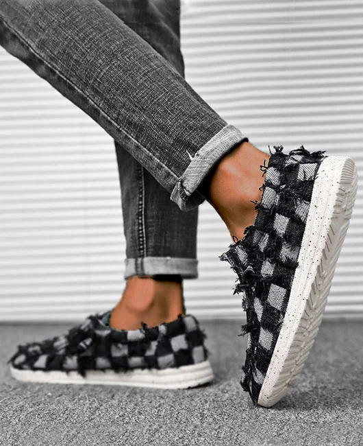 Casual Grid Lace Up Denim Canvas Moccasin Shoes 