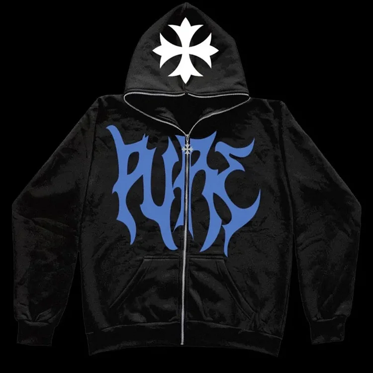 Hip Hop Street Cross Letter Print Sweatshirt Full Zip Up Hoodie at Hiphopee