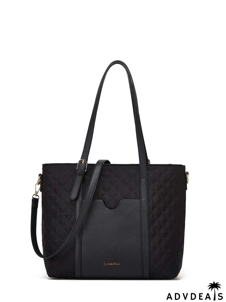 Quilted Letter Graphic Shoulder Tote Bag
