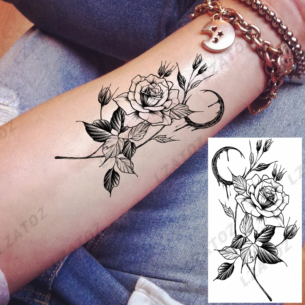 Sdrawing Rose Flower Temporary Tattoos For Woman Adults Realistic Compass Cross Fake Tatoos Sexy Waterproof Hand Tattoo Sticker
