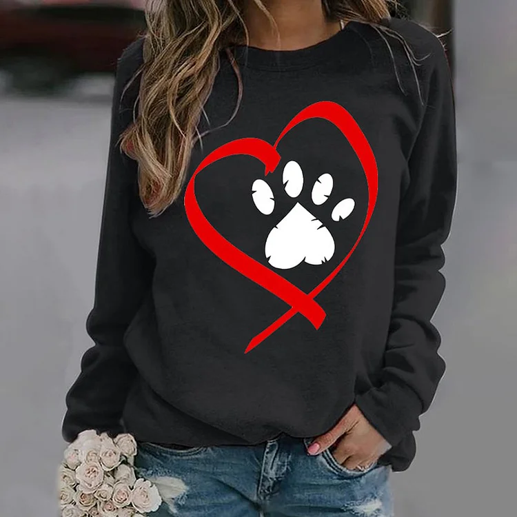 Love Dog Paw Print Round Neck Long Sleeve Sweatshirt