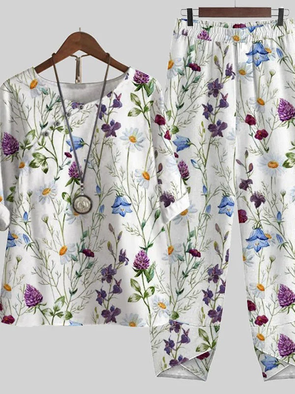 Women's Stitching Button Floral Graphic Printed Scoop Neck Short Sleeve Sets
