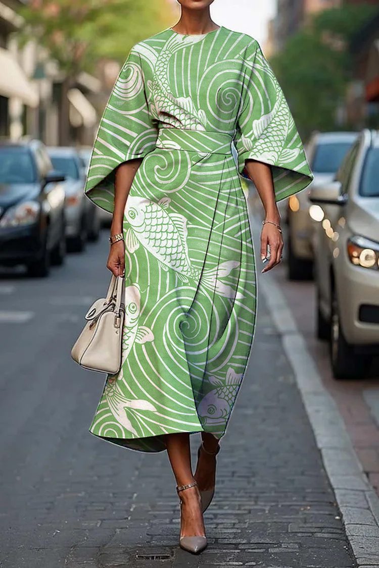 Women's Vintage Elegant Japanese Fish Print Midi Dress