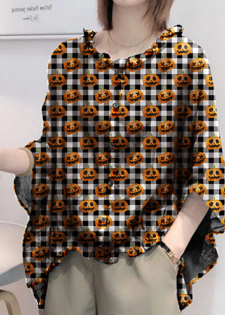 VCSHOES Checkered Pumpkin Tops Ruffles Trim Half Sleeve Shirts Blouse Plus Size
