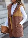 Color Block Hooded Teddy Vest, Casual Open Front Sleeveless Vest, Women's Clothing