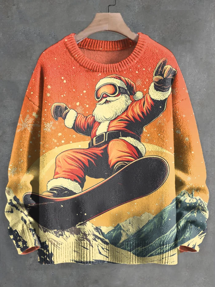 Men's Outdoor Snow Mountain Santa Skiing Fun Art Print Knit Sweatshirt