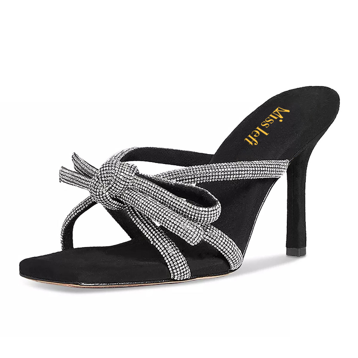 Black Rhinestone Knots Open Toe Stiletto Heel Slip-On Mules for Women Nicepairs