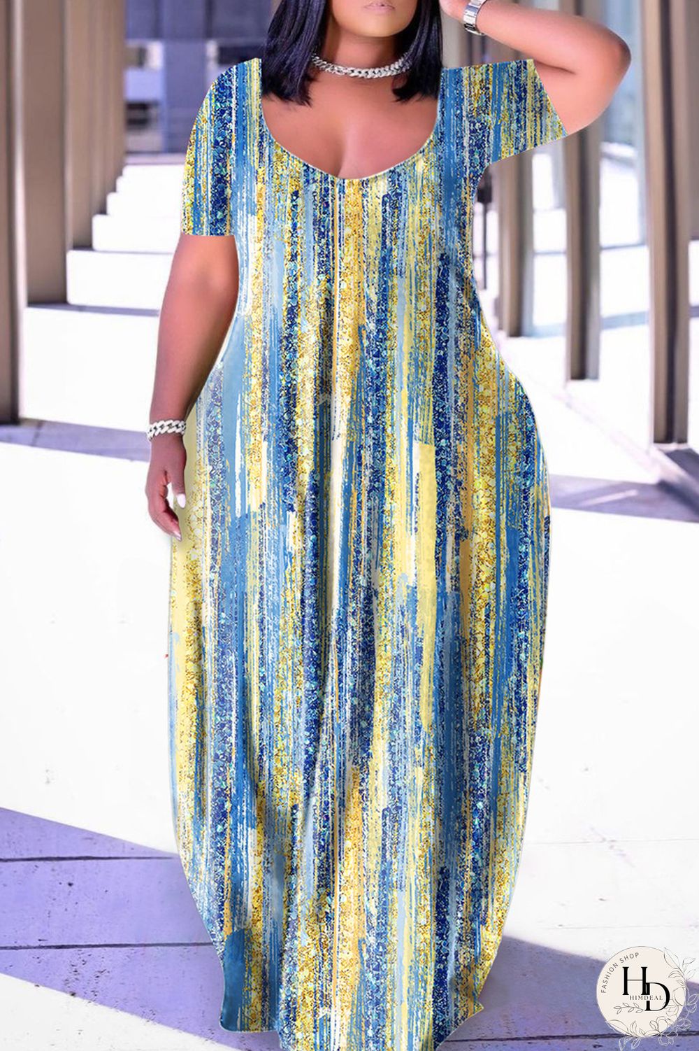 Blue Yellow Casual Print Basic V Neck Short Sleeve Dress Dresses