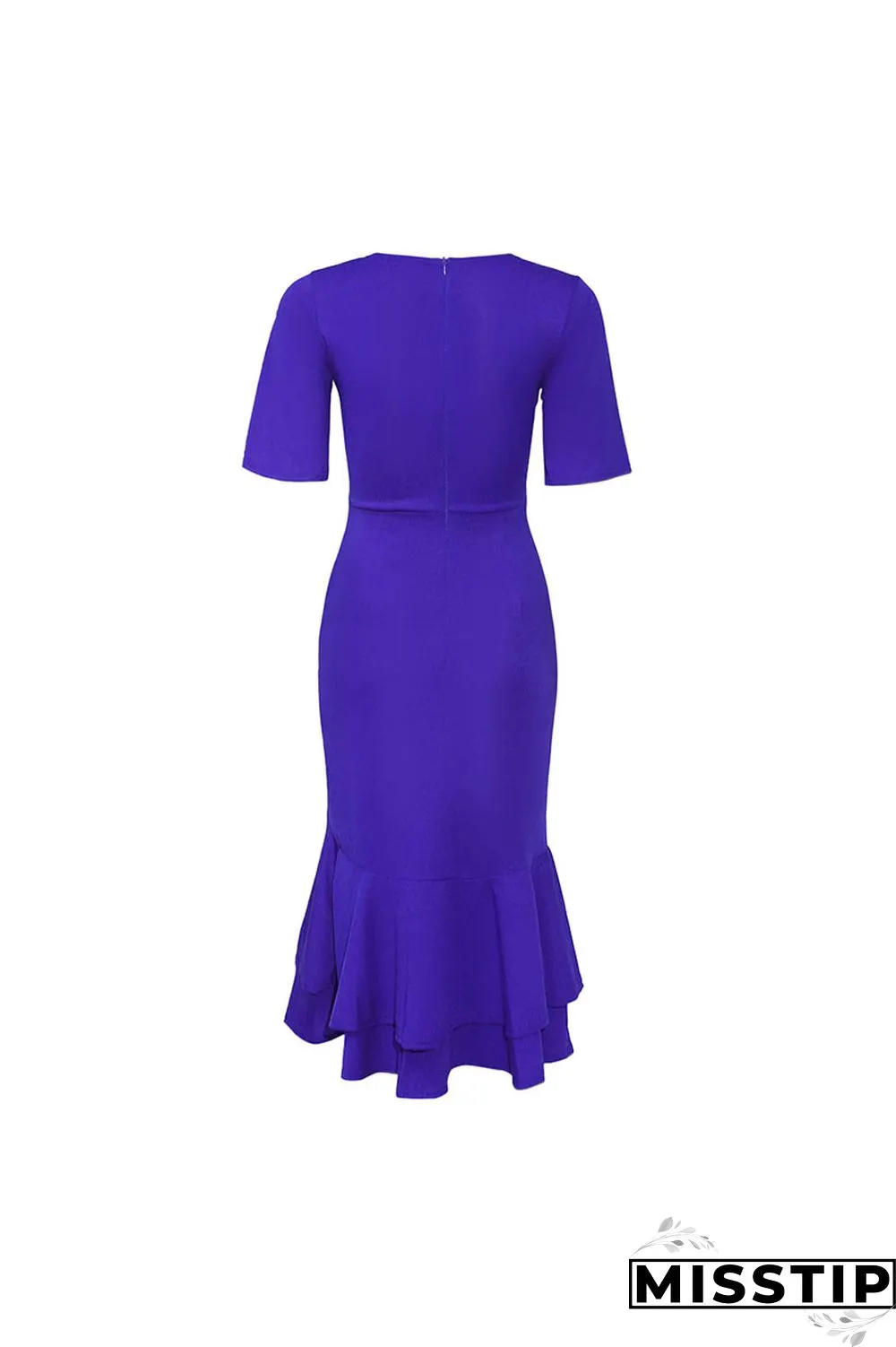 Dark Blue Fashion Slim V-neck Ruffled Dress
